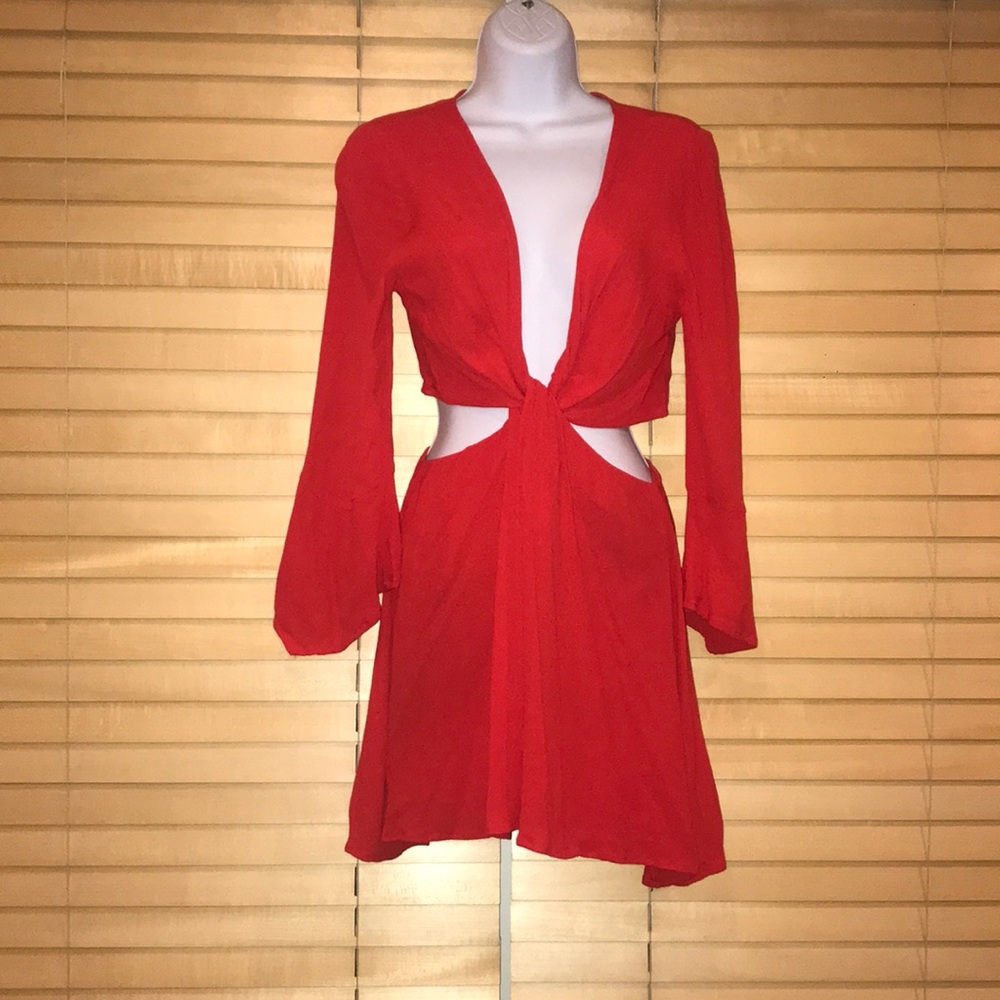 🛑 Miramar Red Cut Out Sexy Long Sleeve Mini Dress